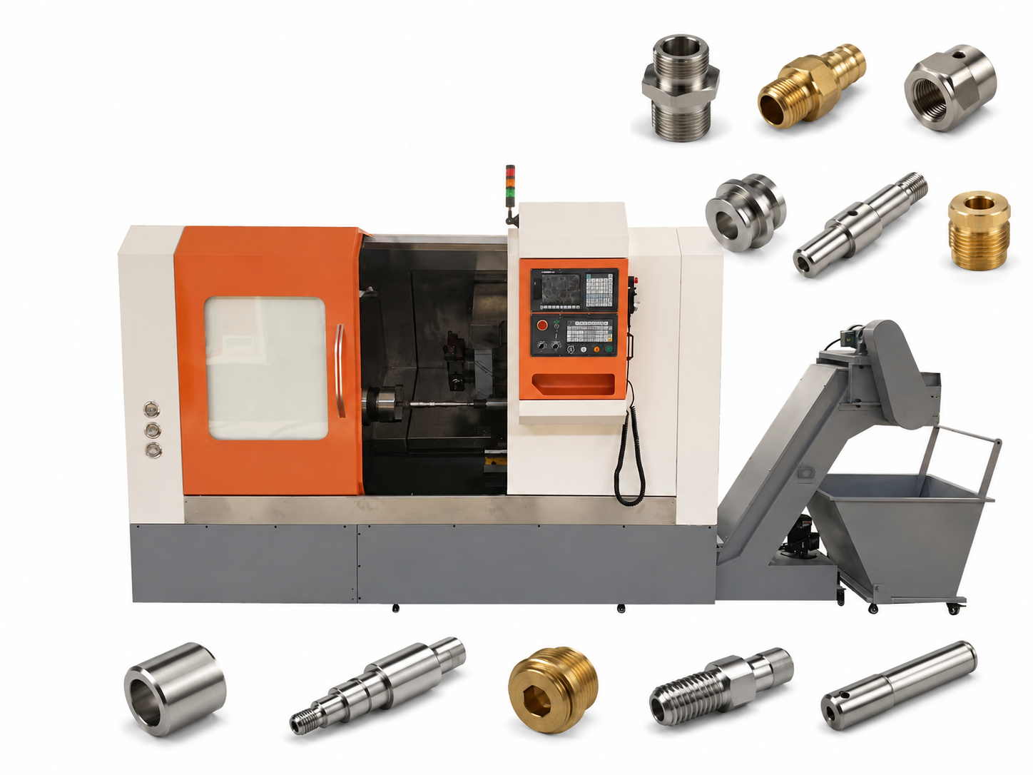 Slant Bed CNC Lathe for machining precision metal hardware parts including shafts, bushings, fittings, and threaded connectors