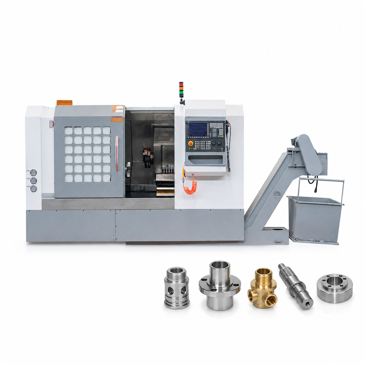 Slant bed CNC lathe with driven tool turret displayed alongside precision machined metal parts including shafts, flanges, and hydraulic fittings.