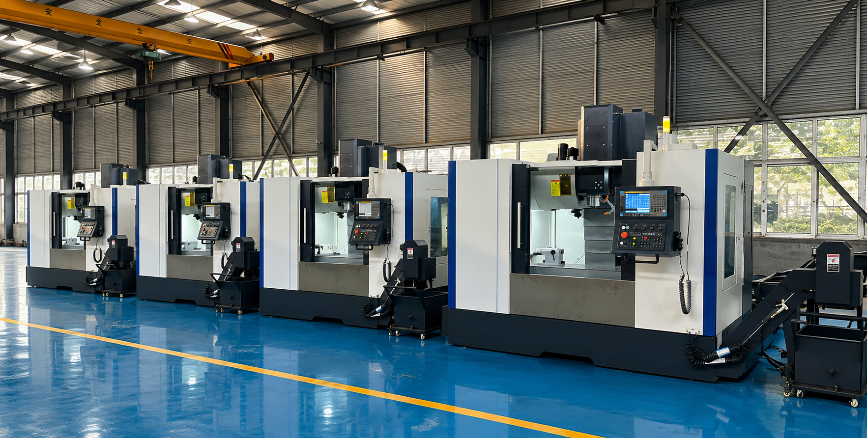 Five vertical CNC machining centers installed in a modern factory for high-precision batch production